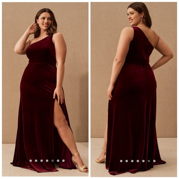 BHLDN Jenny Yoo Cybill Velvet Maxi Dress One Shoulder Wine Red Size 14